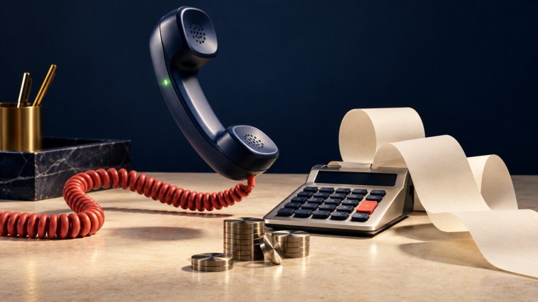 Telephone handset beside a calculator and receipt on a desk