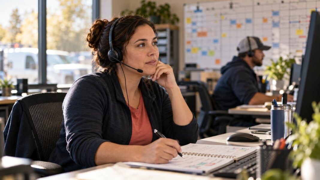 Business professional wearing a headset while assisting a caller at a desk