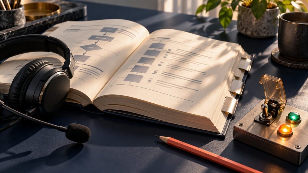 Open operations runbook with a headset, flowchart, and call-control buttons on a desk