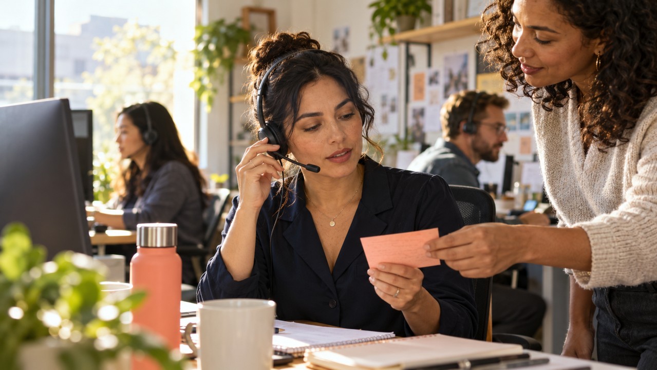 Call recipient reviewing context before a human handoff