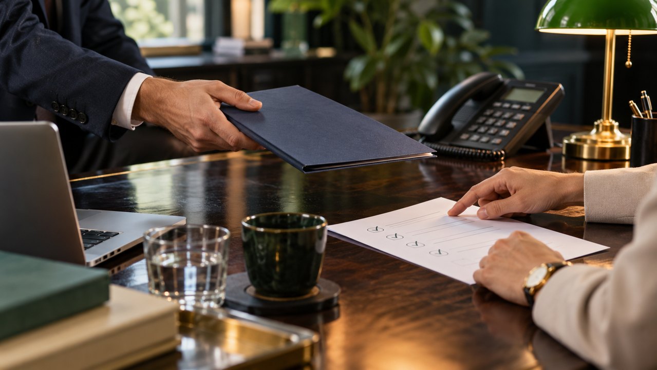 Professionals handing over a project folder and reviewing a checklist beside an office telephone