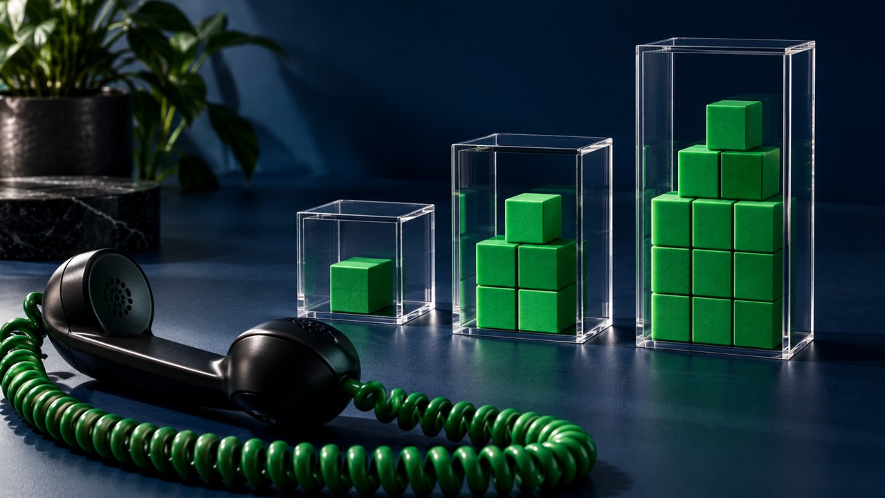 Three acrylic towers with increasing stacks of green blocks beside a telephone handset