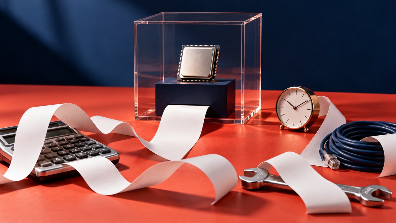 A computer chip in a transparent display case with a winding receipt, calculator, clock, cable, and wrench