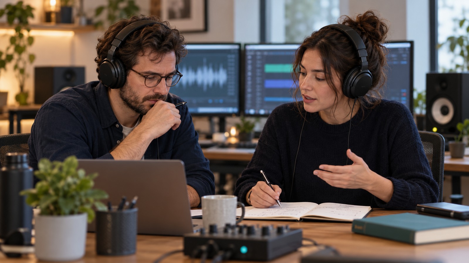Two engineers listening to a voice-agent test and reviewing notes