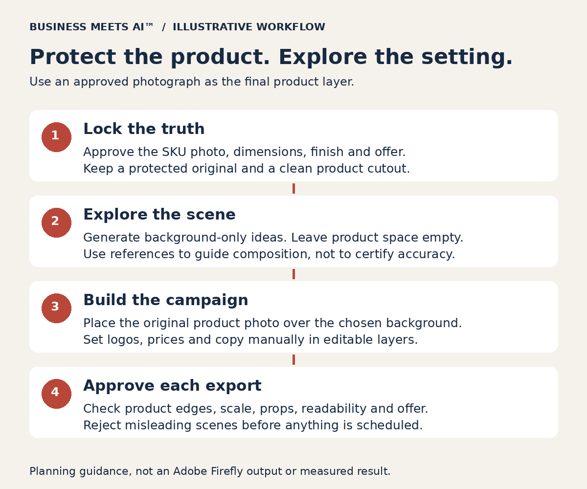 Four-step workflow: lock the approved product photograph, explore backgrounds, assemble editable campaign layouts and approve each export.