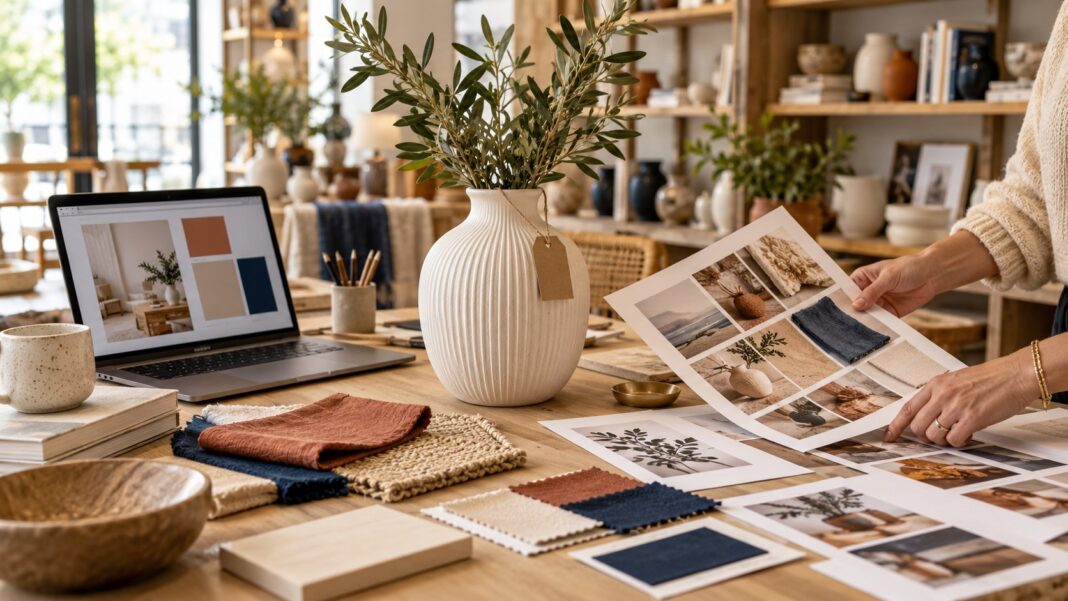 AI-generated editorial illustration of a ceramic vase and a retailer’s seasonal campaign planning materials.
