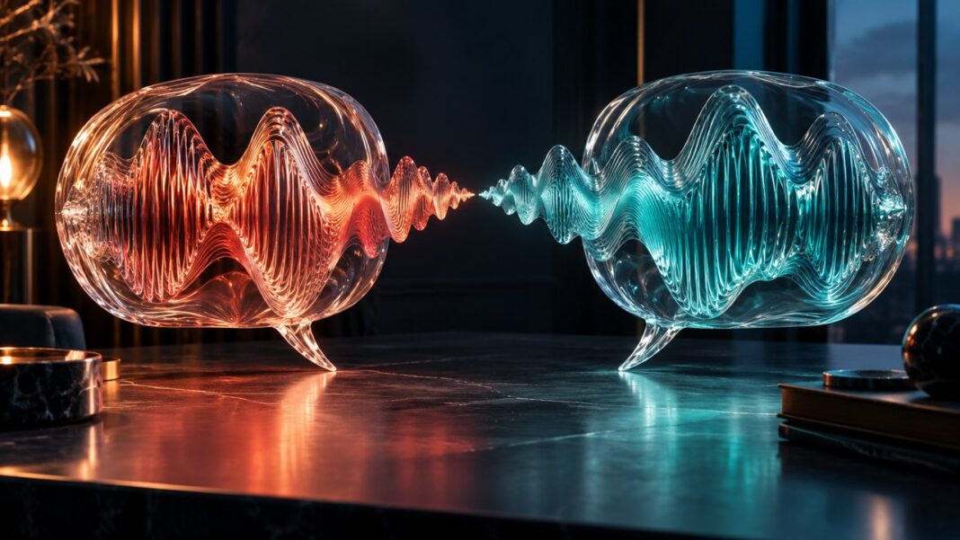 Two translucent glass speech bubbles formed from coral and teal soundwaves face one another on a dark desk