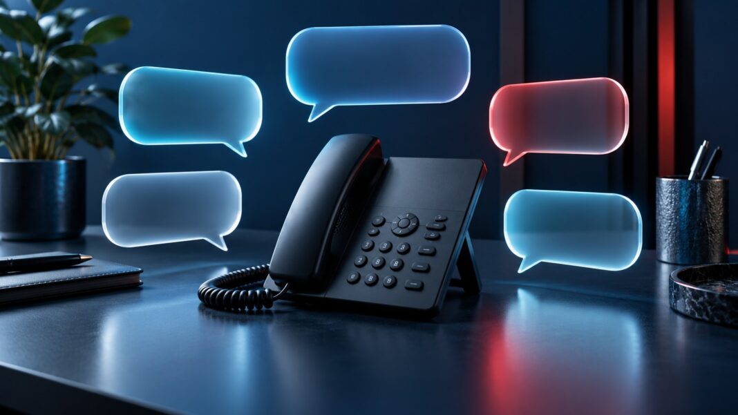 Desk phone surrounded by separate abstract conversation shapes