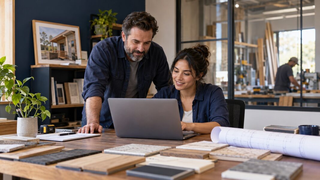 Conceptual editorial illustration of a home-improvement business owner and coordinator reviewing a laptop beside renovation samples.