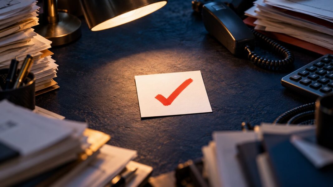 A single task card with a red check mark in a pool of light amid paperwork and office tools