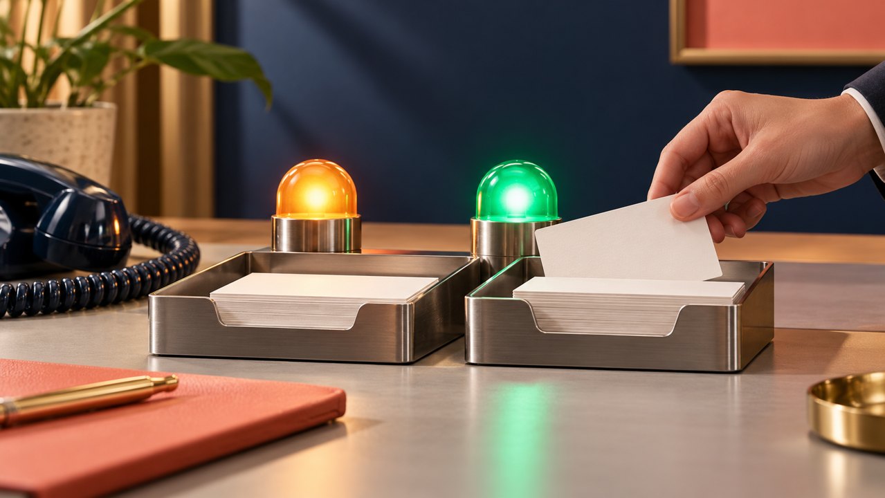 A hand places an appointment card into a metal tray beside green and amber status lamps