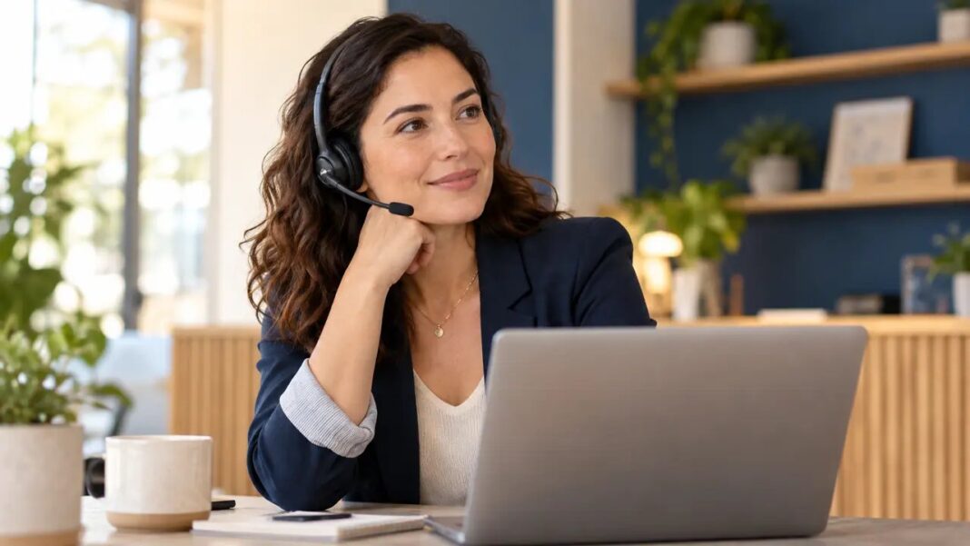 Customer-service professional wearing a headset while reviewing work on a laptop