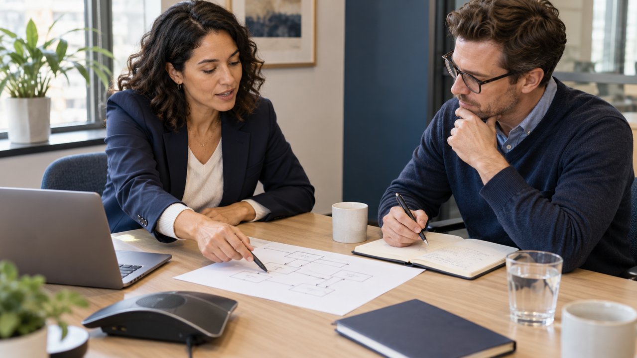 Two colleagues planning a voice AI pilot with a caller-flow diagram and speakerphone