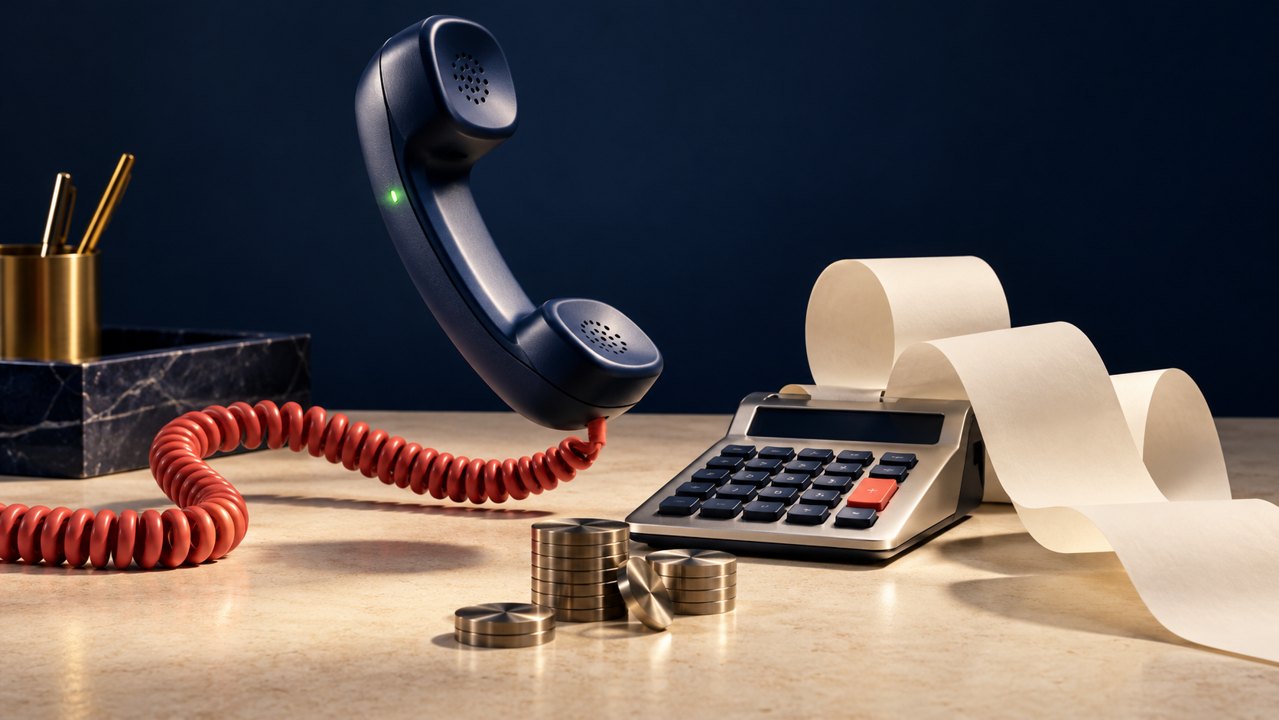 Telephone, calculator and coins illustrating voice AI receptionist costs