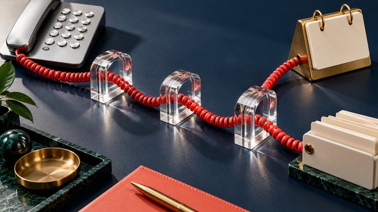 A telephone cord passes through clear arches beside calendar cards, illustrating connected business systems