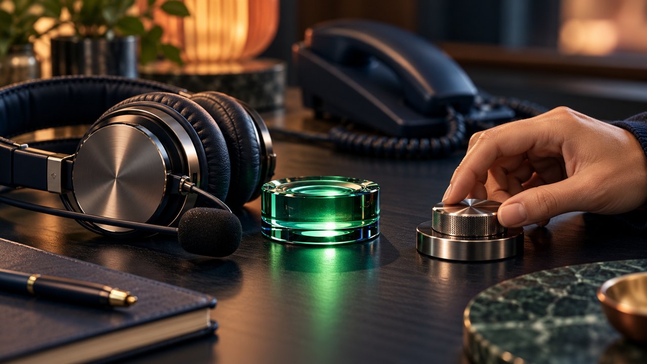 A hand adjusts a control beside a headset and magnifying glass, illustrating ongoing voice AI support